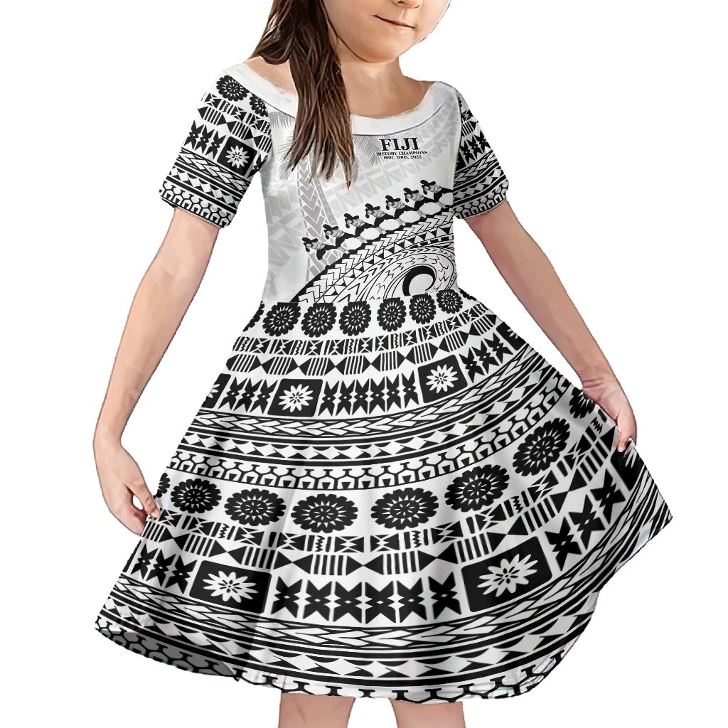 Custom Fiji Rugby Cibi Dance Family Matching Long Sleeve Bodycon Dress and Hawaiian Shirt Create History World Cup Sevens LT9 Daughter's Dress White - Polynesian Pride