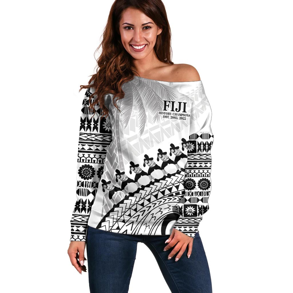 Custom Fiji Rugby Cibi Dance Off Shoulder Sweater Create History World Cup Sevens LT9 Women White - Polynesian Pride