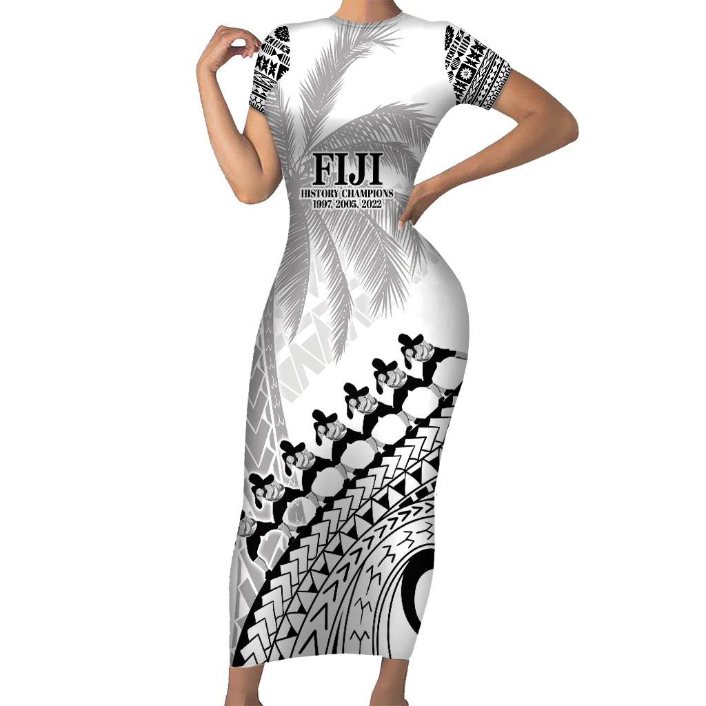 Custom Fiji Rugby Cibi Dance Short Sleeve Bodycon Dress Create History World Cup Sevens LT9 Long Dress White - Polynesian Pride