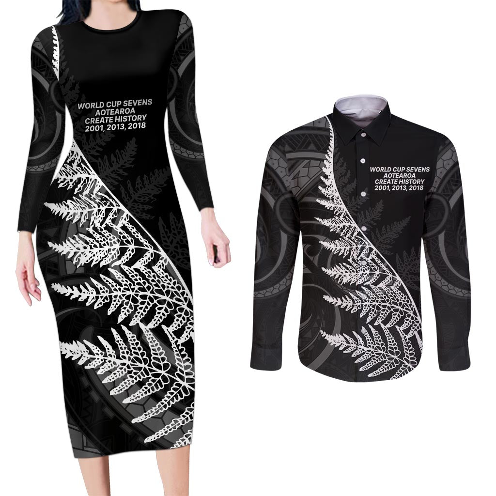 New Zealand Black Fern 7s Couples Matching Long Sleeve Bodycon Dress and Long Sleeve Button Shirt History World Cup Sevens