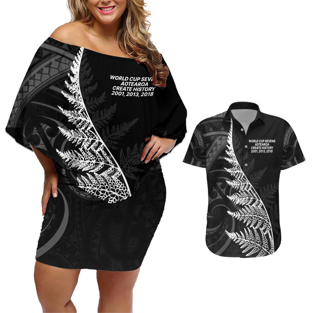 New Zealand Black Fern 7s Couples Matching Off Shoulder Short Dress and Hawaiian Shirt History World Cup Sevens