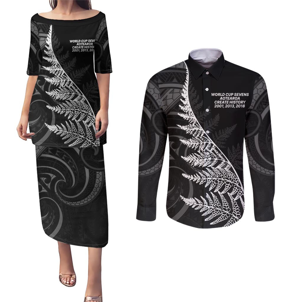 New Zealand Black Fern 7s Couples Matching Puletasi and Long Sleeve Button Shirt History World Cup Sevens