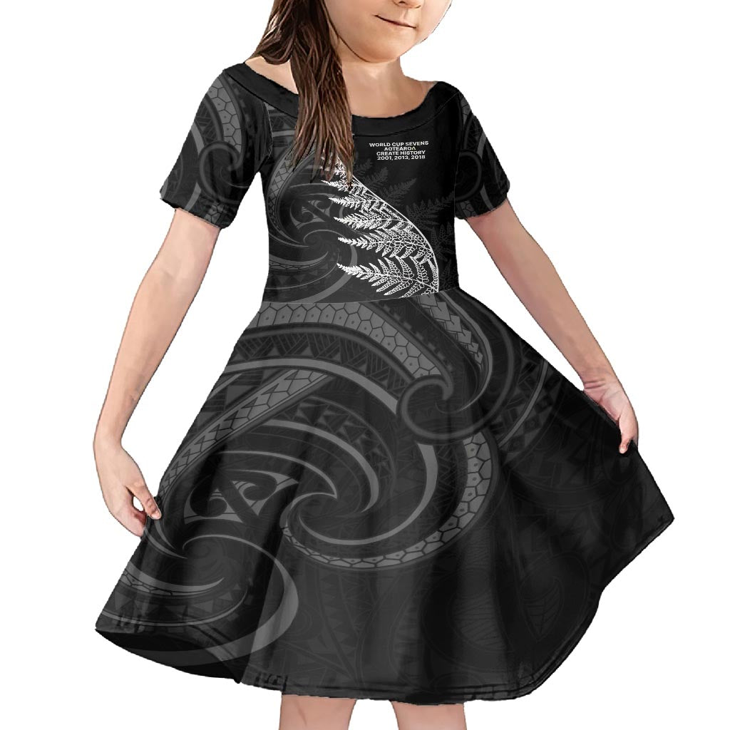 New Zealand Black Fern 7s Family Matching Long Sleeve Bodycon Dress and Hawaiian Shirt History World Cup Sevens LT9 Daughter's Dress Black - Polynesian Pride