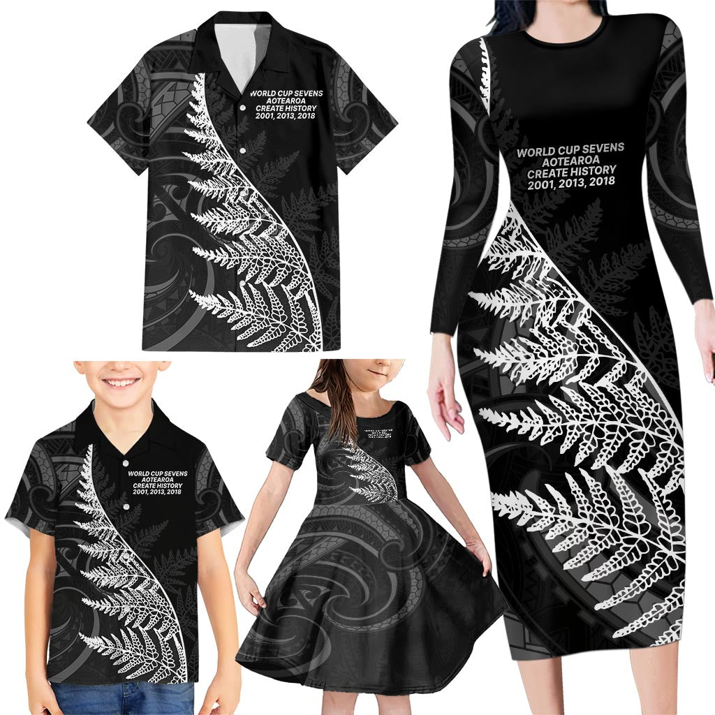 New Zealand Black Fern 7s Family Matching Long Sleeve Bodycon Dress and Hawaiian Shirt History World Cup Sevens LT9 - Polynesian Pride
