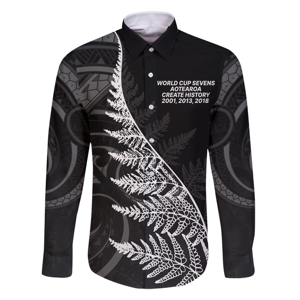 New Zealand Black Fern 7s Family Matching Long Sleeve Bodycon Dress and Hawaiian Shirt History World Cup Sevens LT9 Dad's Shirt - Long Sleeve Black - Polynesian Pride