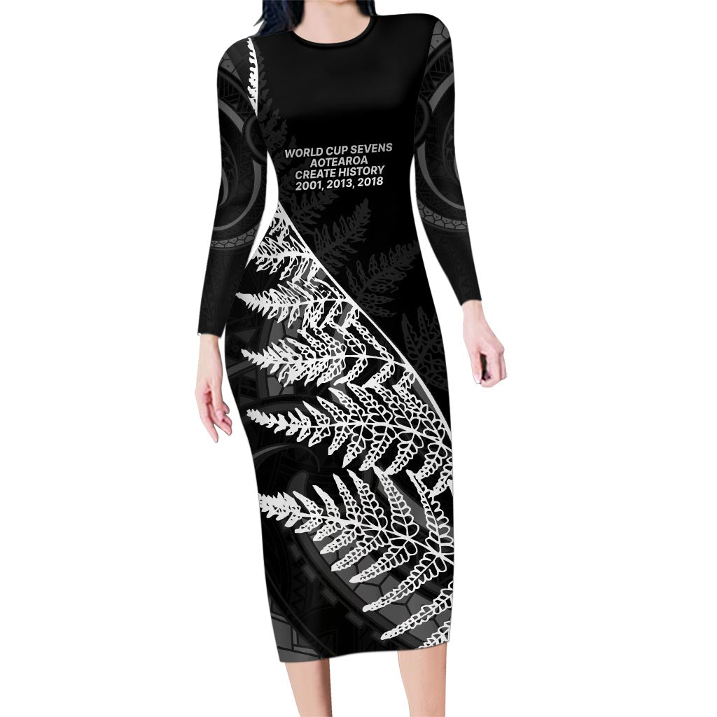 New Zealand Black Fern 7s Family Matching Long Sleeve Bodycon Dress and Hawaiian Shirt History World Cup Sevens LT9 Mom's Dress Black - Polynesian Pride