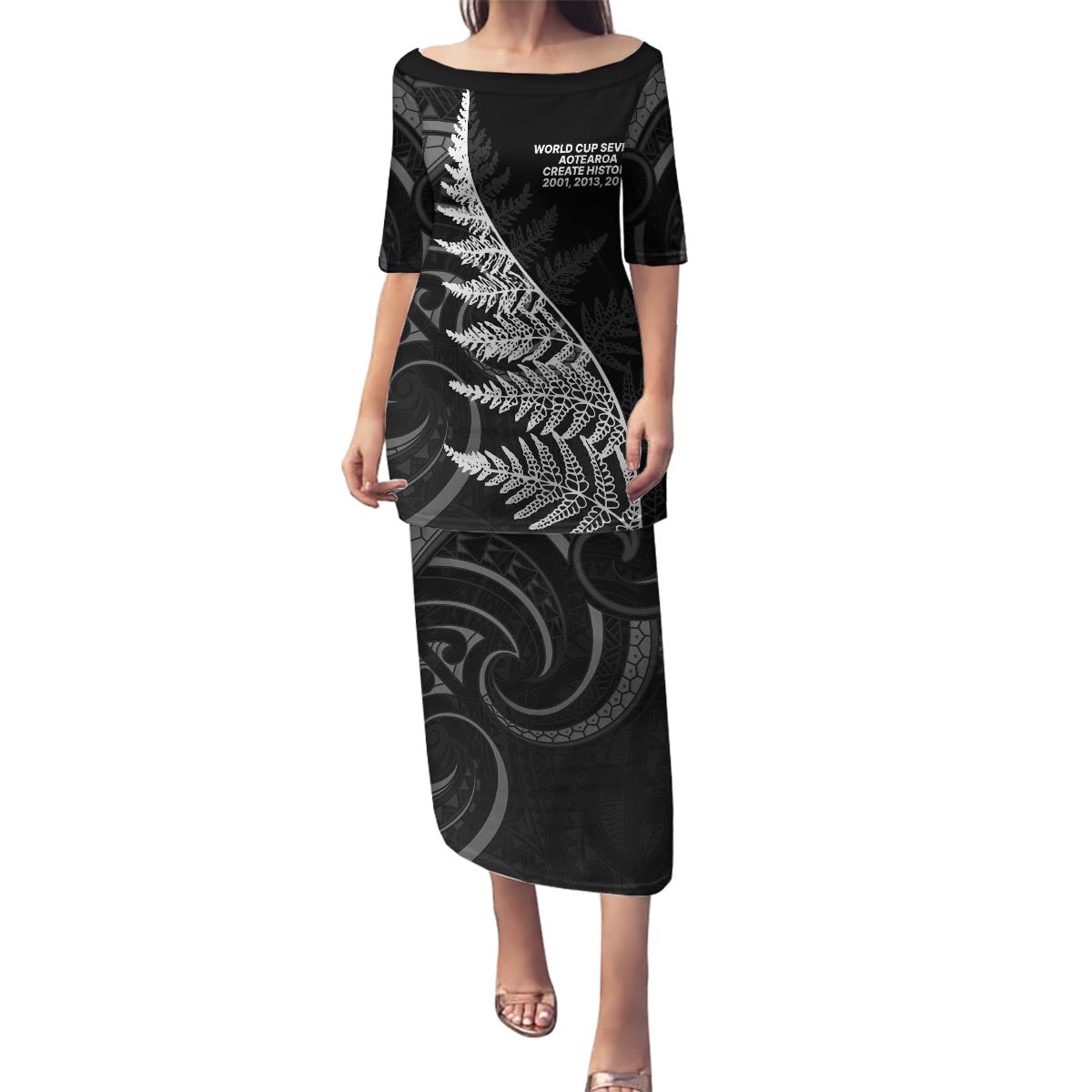 New Zealand Black Fern 7s Family Matching Puletasi and Hawaiian Shirt History World Cup Sevens LT9 Mom's Dress Black - Polynesian Pride