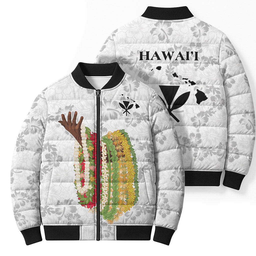 Hawaii Lei Kamehameha Bomber Puffer Jacket Ke'oke'o Seamless Pattern Hibiscus Flower