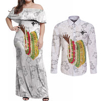 Hawaii Lei Kamehameha Couples Matching Off Shoulder Maxi Dress and Long Sleeve Button Shirt Ke'oke'o Seamless Pattern Hibiscus Flower