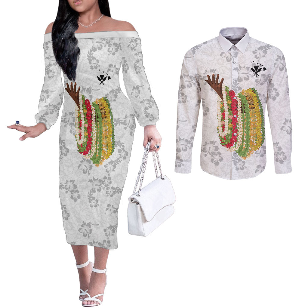 Hawaii Lei Kamehameha Couples Matching Off The Shoulder Long Sleeve Dress and Long Sleeve Button Shirt Ke'oke'o Seamless Pattern Hibiscus Flower
