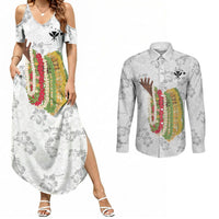 Hawaii Lei Kamehameha Couples Matching Summer Maxi Dress and Long Sleeve Button Shirt Ke'oke'o Seamless Pattern Hibiscus Flower LT9 White - Polynesian Pride
