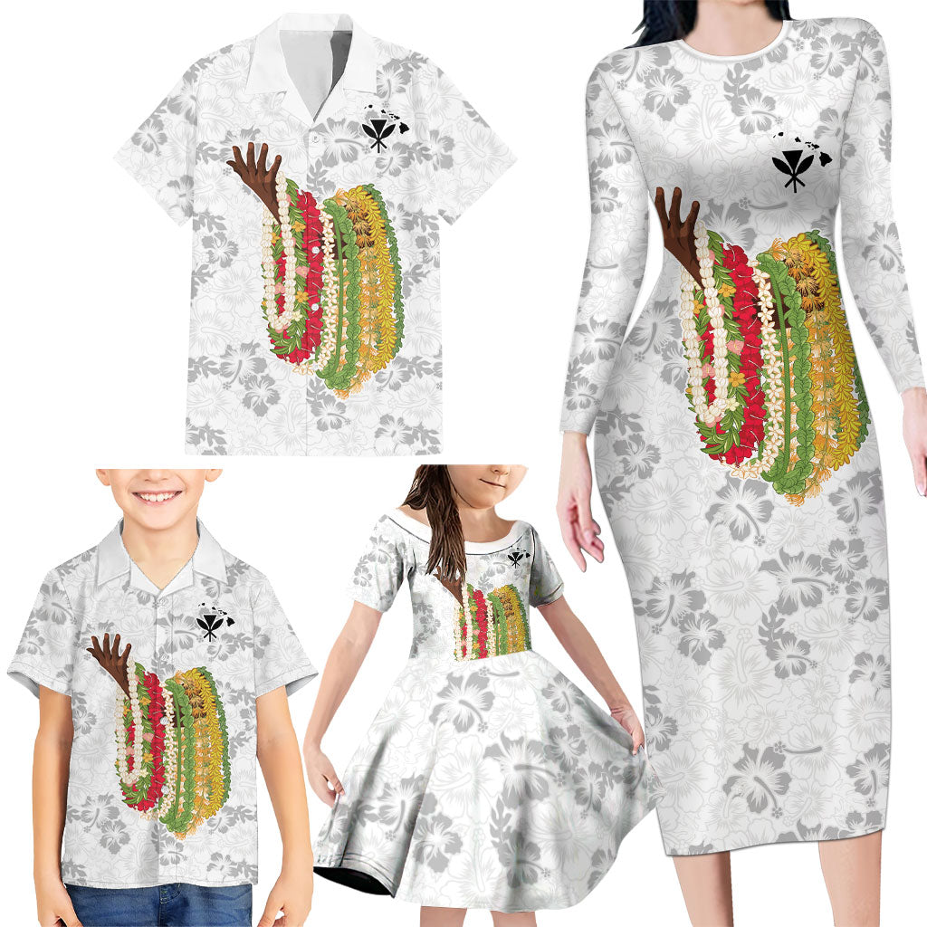 Hawaii Lei Kamehameha Family Matching Long Sleeve Bodycon Dress and Hawaiian Shirt Ke'oke'o Seamless Pattern Hibiscus Flower