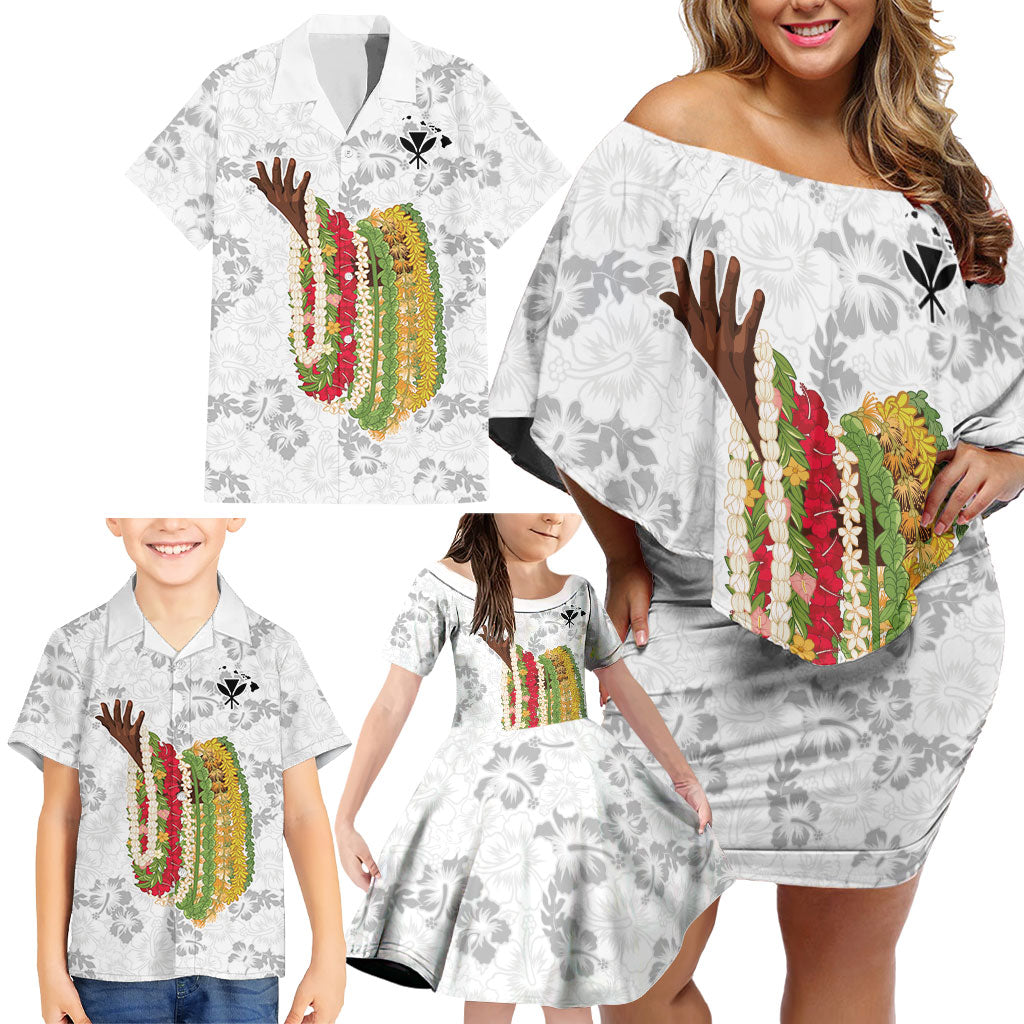 Hawaii Lei Kamehameha Family Matching Off Shoulder Short Dress and Hawaiian Shirt Ke'oke'o Seamless Pattern Hibiscus Flower