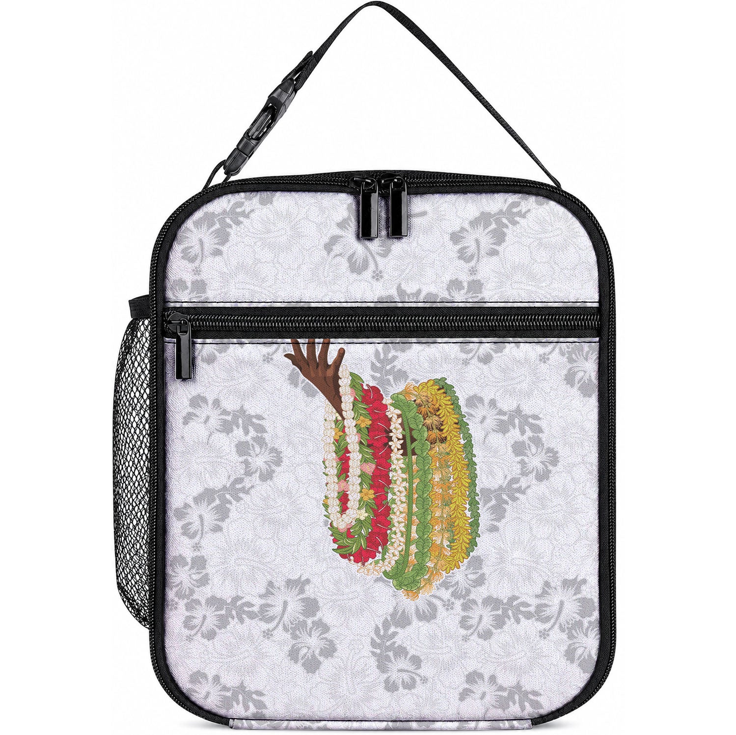 Hawaii Lei Kamehameha Lunch Bag Ke'oke'o Seamless Pattern Hibiscus Flower LT9 10.2 × 8.3 × 4.3 inch White - Polynesian Pride