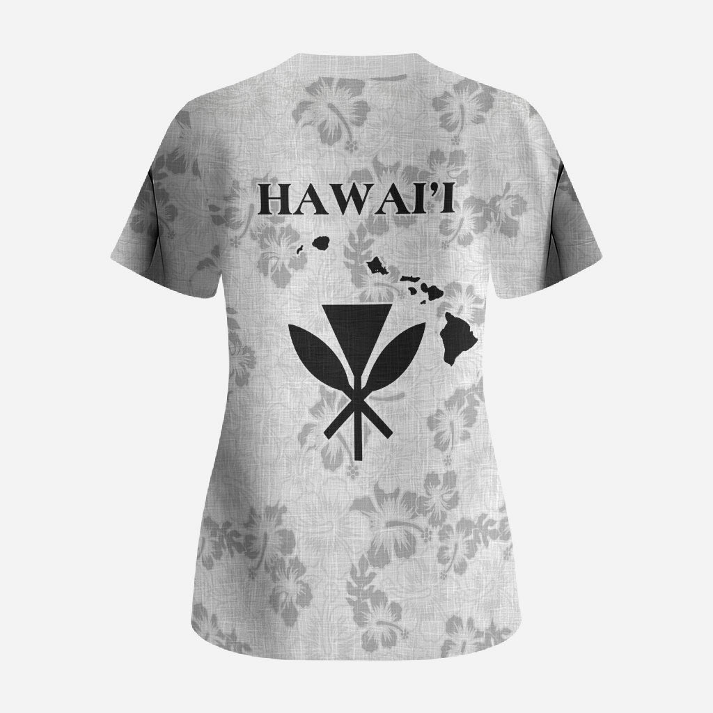 Hawaii Lei Kamehameha Scrub Top Ke'oke'o Seamless Pattern Hibiscus Flower