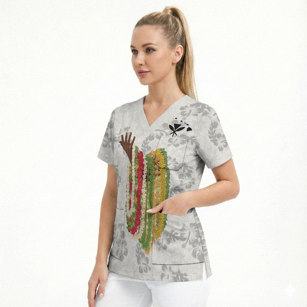 Hawaii Lei Kamehameha Scrub Top Ke'oke'o Seamless Pattern Hibiscus Flower