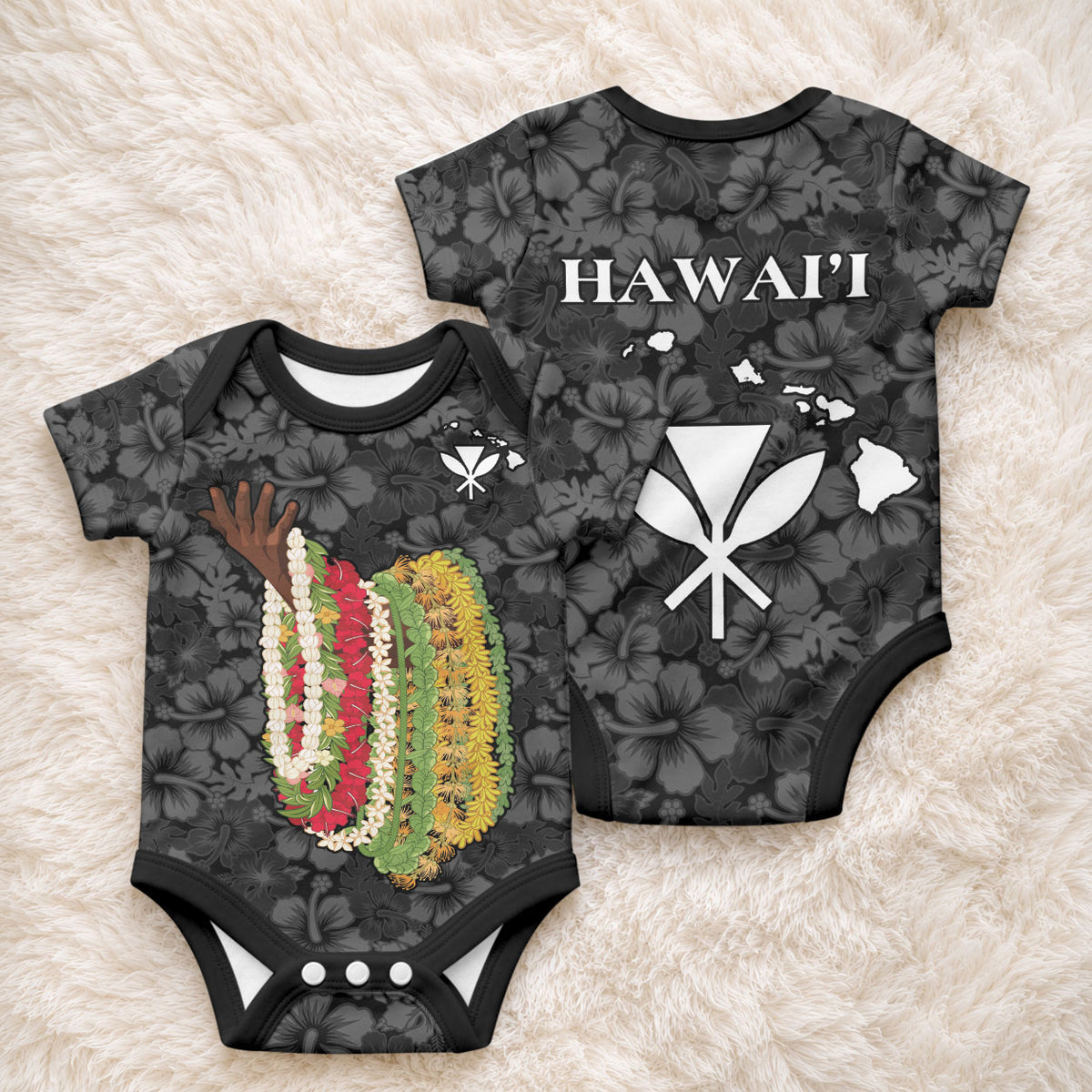 Hawaii Lei Kamehameha Baby Onesie Ele'ele Seamless Pattern Hibiscus Flower LT9 - Polynesian Pride