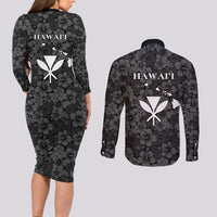 Hawaii Lei Kamehameha Couples Matching Long Sleeve Bodycon Dress and Long Sleeve Button Shirt Ele'ele Seamless Pattern Hibiscus Flower