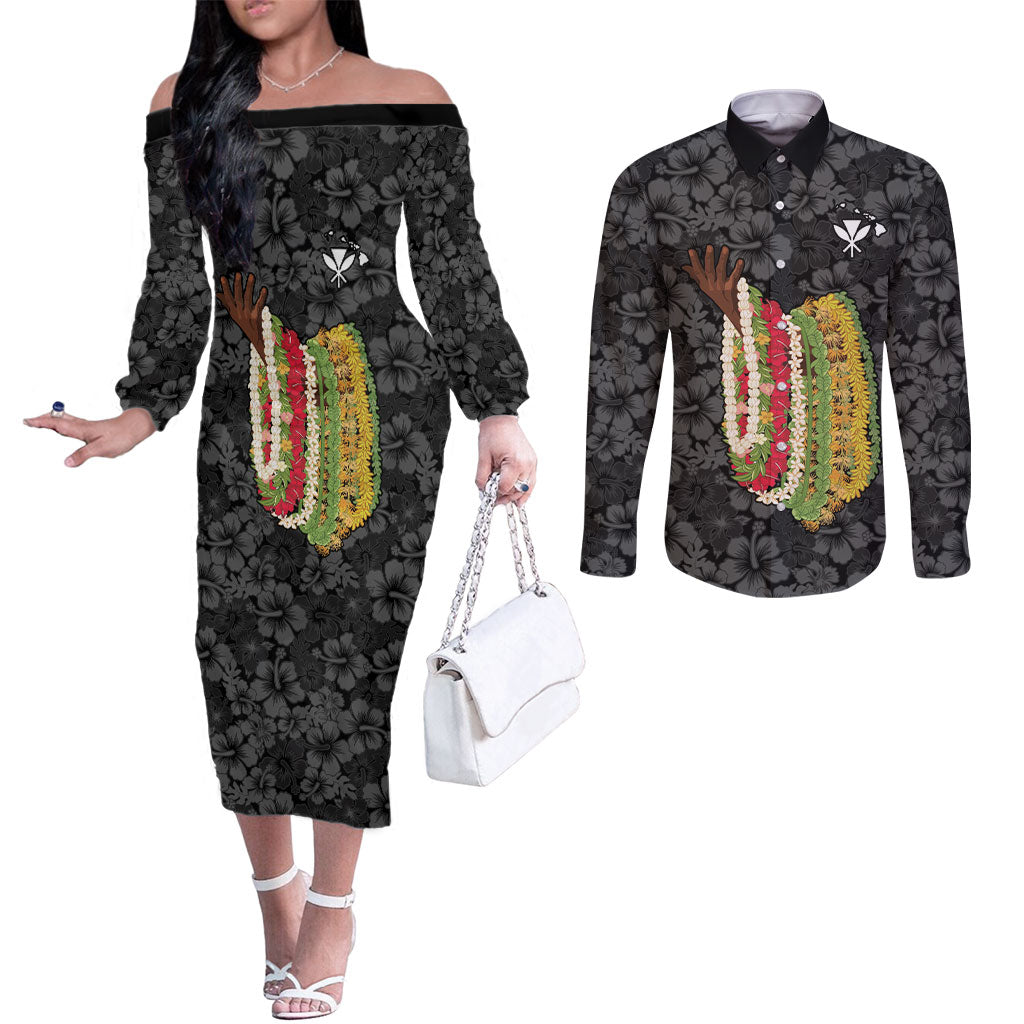 Hawaii Lei Kamehameha Couples Matching Off The Shoulder Long Sleeve Dress and Long Sleeve Button Shirt Ele'ele Seamless Pattern Hibiscus Flower
