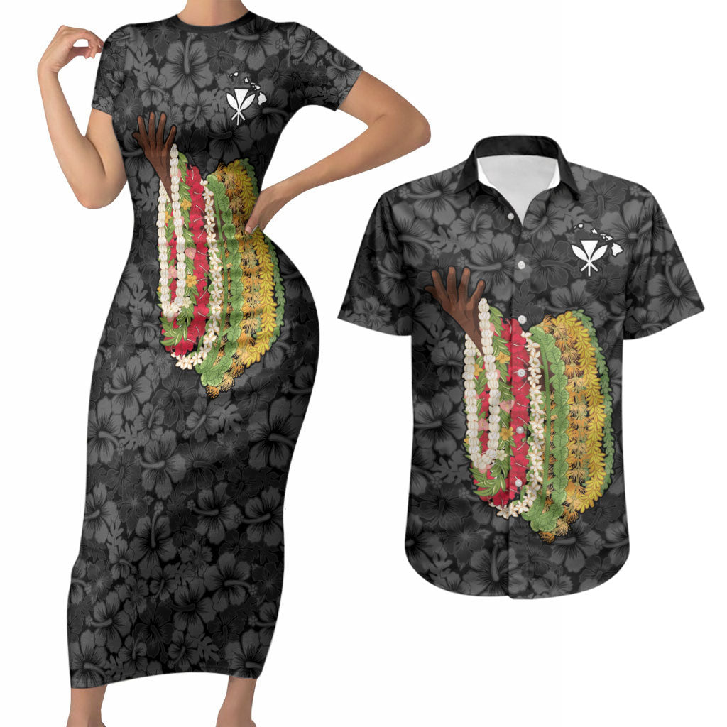 Hawaii Lei Kamehameha Couples Matching Short Sleeve Bodycon Dress and Hawaiian Shirt Ele'ele Seamless Pattern Hibiscus Flower LT9 Black - Polynesian Pride