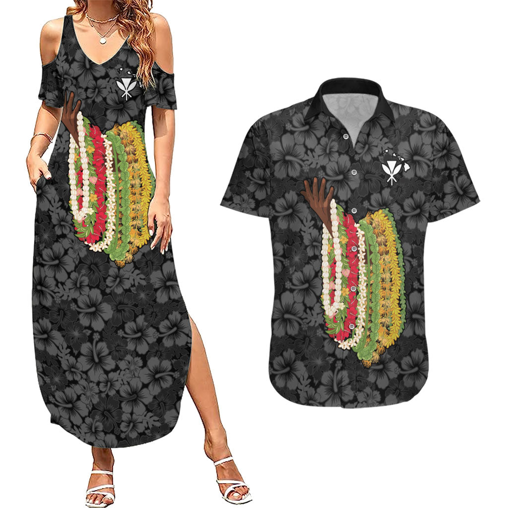 Hawaii Lei Kamehameha Couples Matching Summer Maxi Dress and Hawaiian Shirt Ele'ele Seamless Pattern Hibiscus Flower