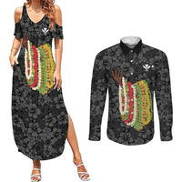 Hawaii Lei Kamehameha Couples Matching Summer Maxi Dress and Long Sleeve Button Shirt Ele'ele Seamless Pattern Hibiscus Flower