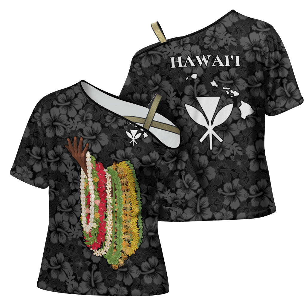 Hawaii Lei Kamehameha Cross Shoulder Shirt Ele'ele Seamless Pattern Hibiscus Flower LT9 - Polynesian Pride