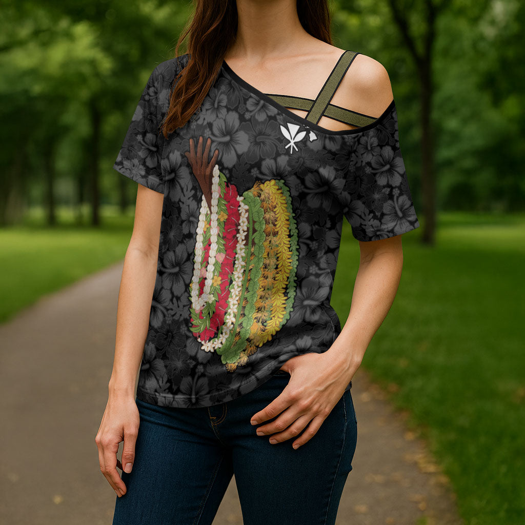 Hawaii Lei Kamehameha Cross Shoulder Shirt Ele'ele Seamless Pattern Hibiscus Flower LT9 - Polynesian Pride