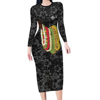 Hawaii Lei Kamehameha Family Matching Long Sleeve Bodycon Dress and Hawaiian Shirt Ele'ele Seamless Pattern Hibiscus Flower LT9 Mom's Dress Black - Polynesian Pride