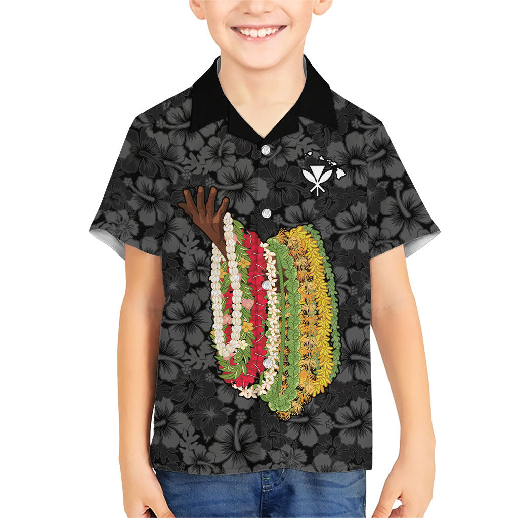 Hawaii Lei Kamehameha Family Matching Off The Shoulder Long Sleeve Dress and Hawaiian Shirt Ele'ele Seamless Pattern Hibiscus Flower LT9 Son's Shirt Black - Polynesian Pride