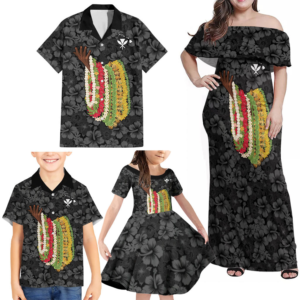Hawaii Lei Kamehameha Family Matching Off Shoulder Maxi Dress and Hawaiian Shirt Ele'ele Seamless Pattern Hibiscus Flower