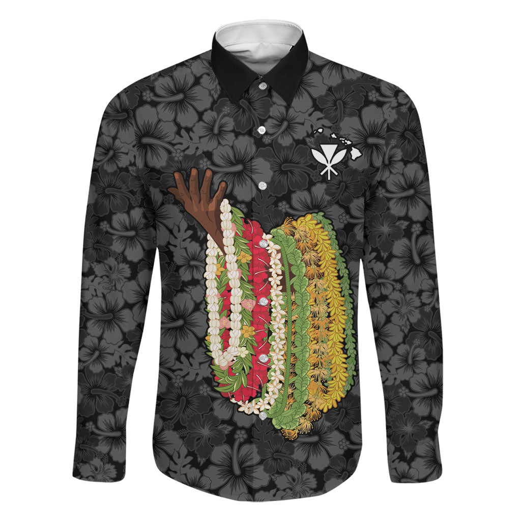 Hawaii Lei Kamehameha Family Matching Short Sleeve Bodycon Dress and Hawaiian Shirt Ele'ele Seamless Pattern Hibiscus Flower LT9 Dad's Shirt - Long Sleeve Black - Polynesian Pride