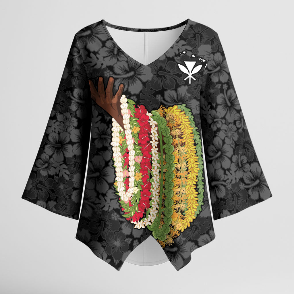 Hawaii Lei Kamehameha Kimono Sleeve Blouse Ele'ele Seamless Pattern Hibiscus Flower