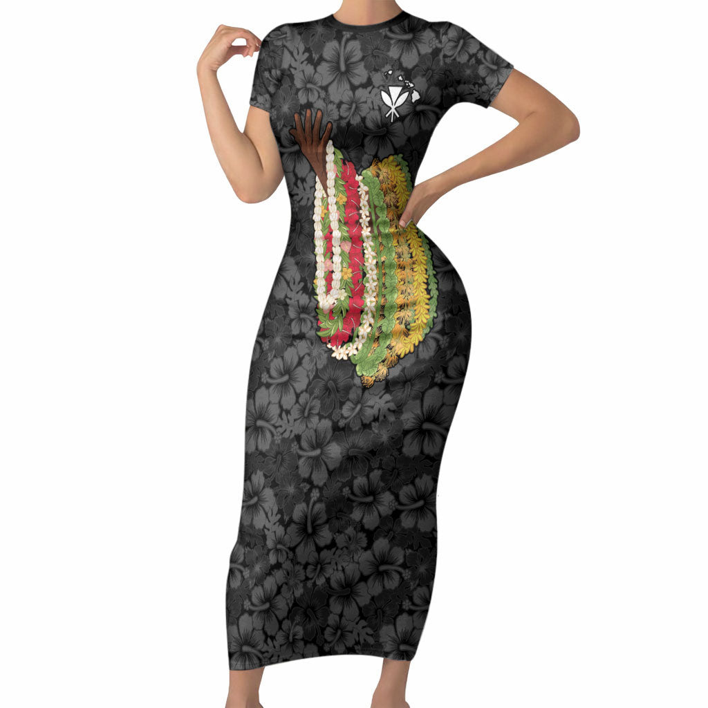 Hawaii Lei Kamehameha Short Sleeve Bodycon Dress Ele'ele Seamless Pattern Hibiscus Flower LT9 Long Dress Black - Polynesian Pride