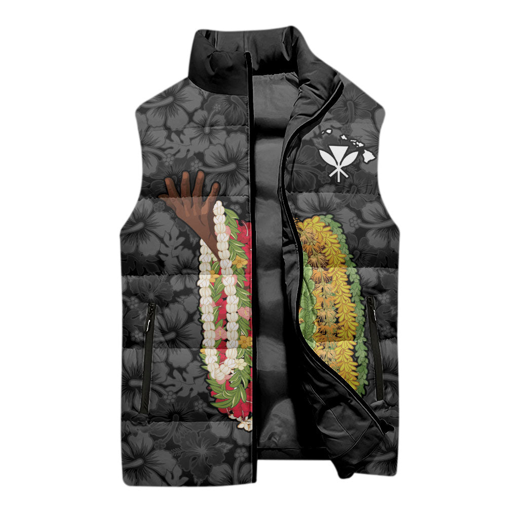 Hawaii Lei Kamehameha Sleeveless Puffer Jacket Ele'ele Seamless Pattern Hibiscus Flower