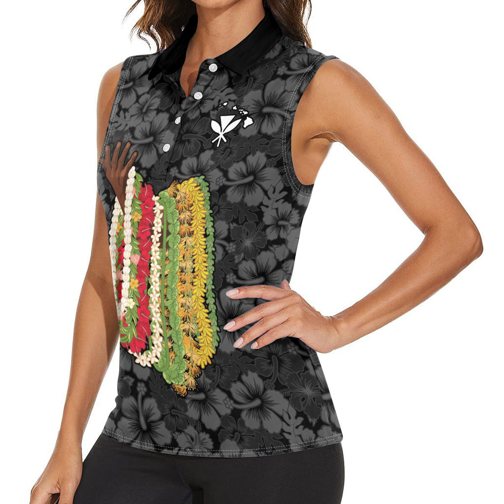 Hawaii Lei Kamehameha Women Sleeveless Polo Shirt Ele'ele Seamless Pattern Hibiscus Flower LT9 - Polynesian Pride