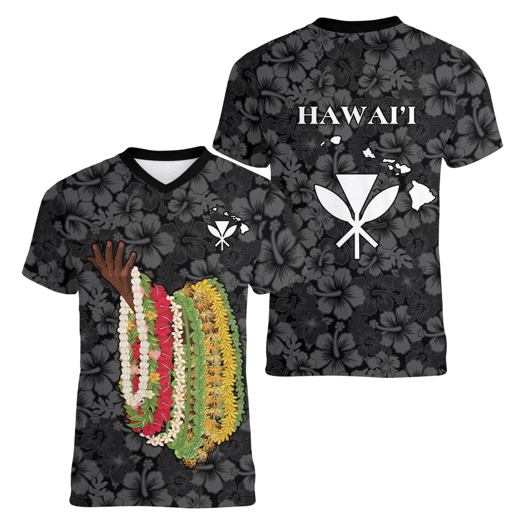 Hawaii Lei Kamehameha Women V-Neck T-Shirt Ele'ele Seamless Pattern Hibiscus Flower