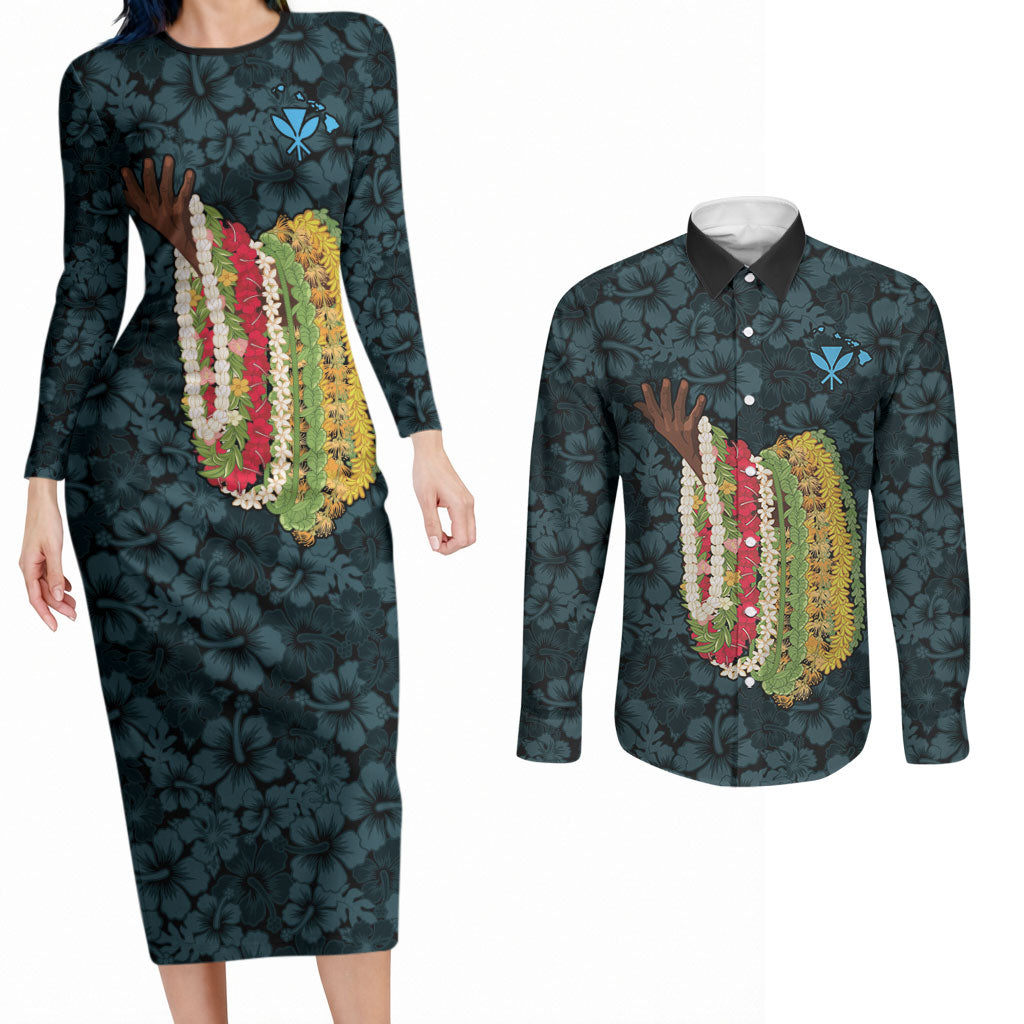 Hawaii Lei Kamehameha Couples Matching Long Sleeve Bodycon Dress and Long Sleeve Button Shirt Uliuli Seamless Pattern Hibiscus Flower LT9 Blue - Polynesian Pride