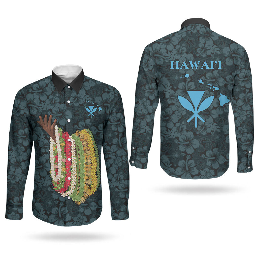 Hawaii Lei Kamehameha Couples Matching Long Sleeve Bodycon Dress and Long Sleeve Button Shirt Uliuli Seamless Pattern Hibiscus Flower LT9 - Polynesian Pride