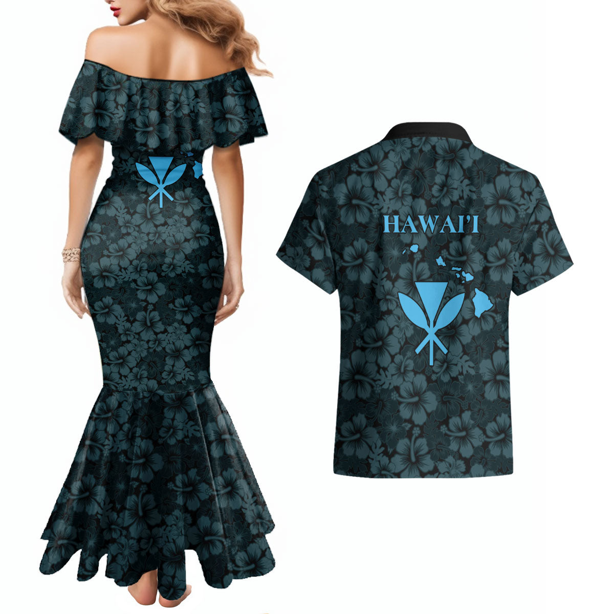 Hawaii Lei Kamehameha Couples Matching Mermaid Dress and Hawaiian Shirt Uliuli Seamless Pattern Hibiscus Flower