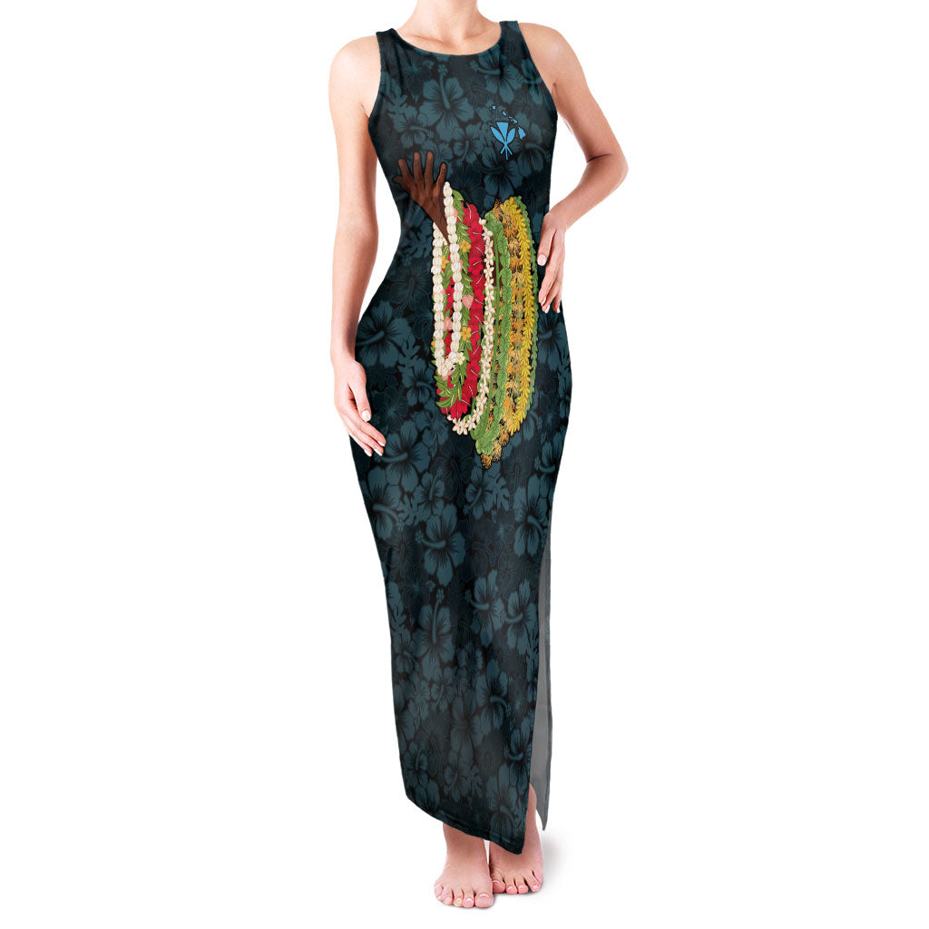 Hawaii Lei Kamehameha Family Matching Tank Maxi Dress and Hawaiian Shirt Uliuli Seamless Pattern Hibiscus Flower LT9 Mom's Dress Blue - Polynesian Pride