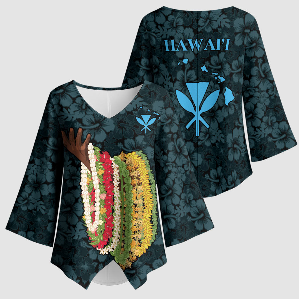 Hawaii Lei Kamehameha Kimono Sleeve Blouse Uliuli Seamless Pattern Hibiscus Flower LT9 - Polynesian Pride
