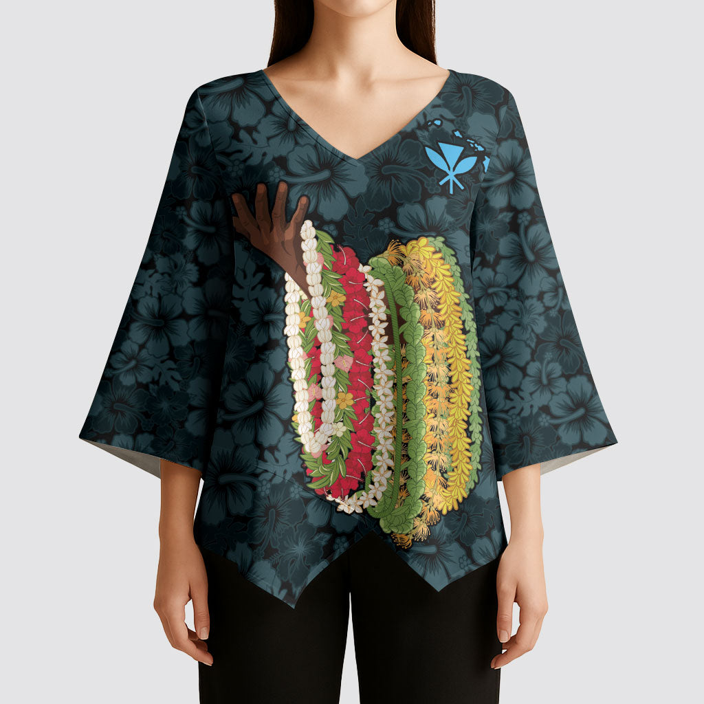 Hawaii Lei Kamehameha Kimono Sleeve Blouse Uliuli Seamless Pattern Hibiscus Flower LT9 - Polynesian Pride