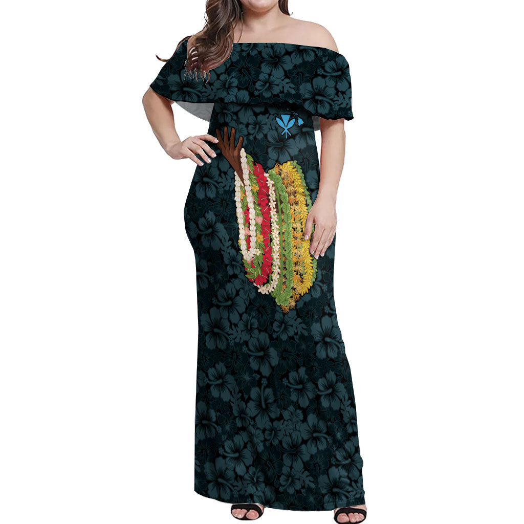 Hawaii Lei Kamehameha Off Shoulder Maxi Dress Uliuli Seamless Pattern Hibiscus Flower