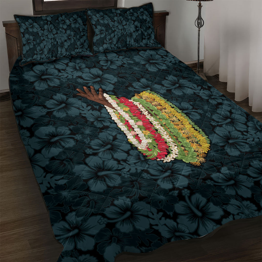 Hawaii Lei Kamehameha Quilt Bed Set Uliuli Seamless Pattern Hibiscus Flower LT9 Blue - Polynesian Pride