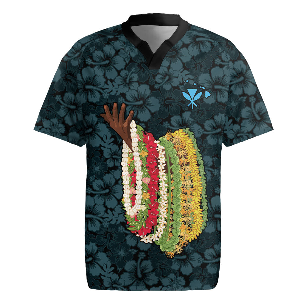 Hawaii Lei Kamehameha Rugby Jersey Uliuli Seamless Pattern Hibiscus Flower LT9 Blue - Polynesian Pride