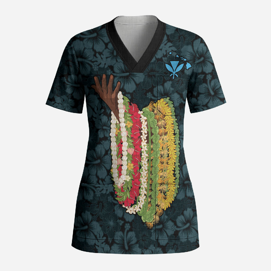 Hawaii Lei Kamehameha Scrub Top Uliuli Seamless Pattern Hibiscus Flower LT9 Adult Blue - Polynesian Pride