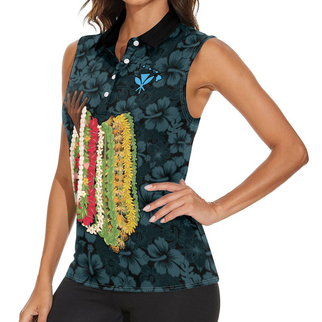 Hawaii Lei Kamehameha Women Sleeveless Polo Shirt Uliuli Seamless Pattern Hibiscus Flower