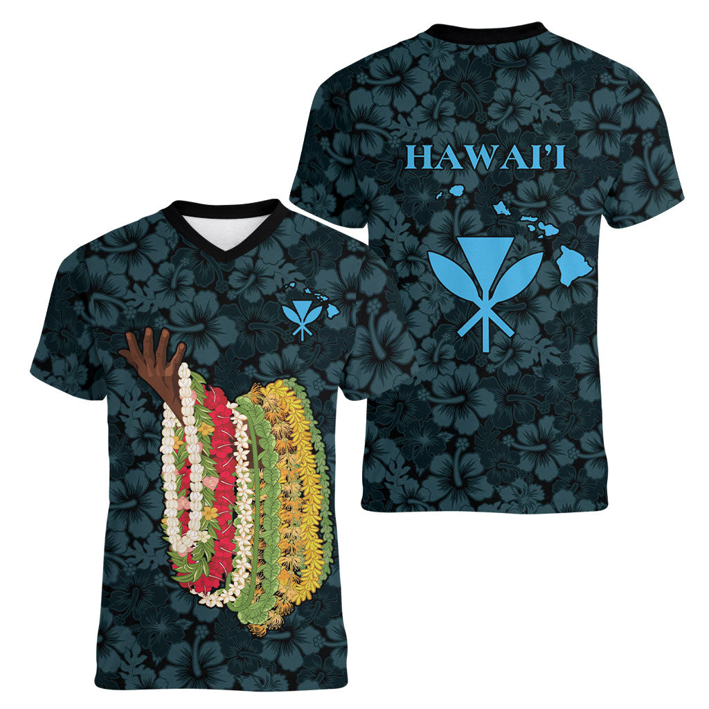 Hawaii Lei Kamehameha Women V-Neck T-Shirt Uliuli Seamless Pattern Hibiscus Flower