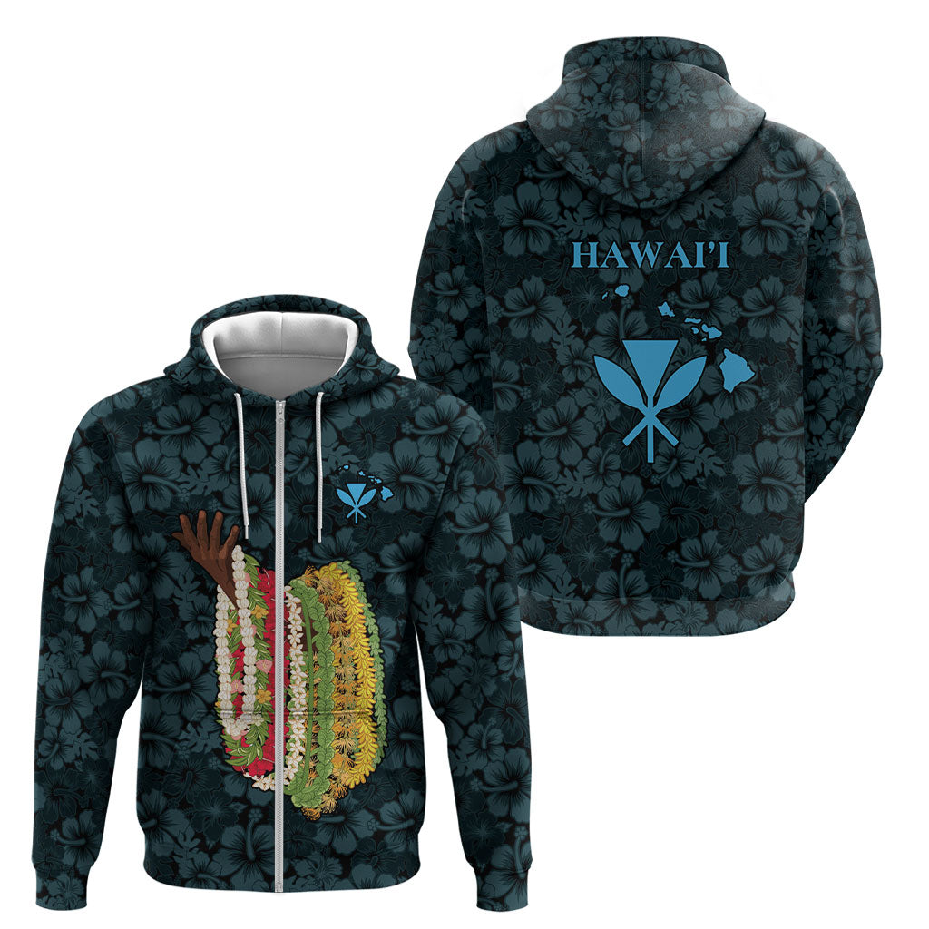Hawaii Lei Kamehameha Zip Hoodie Uliuli Seamless Pattern Hibiscus Flower LT9 - Polynesian Pride